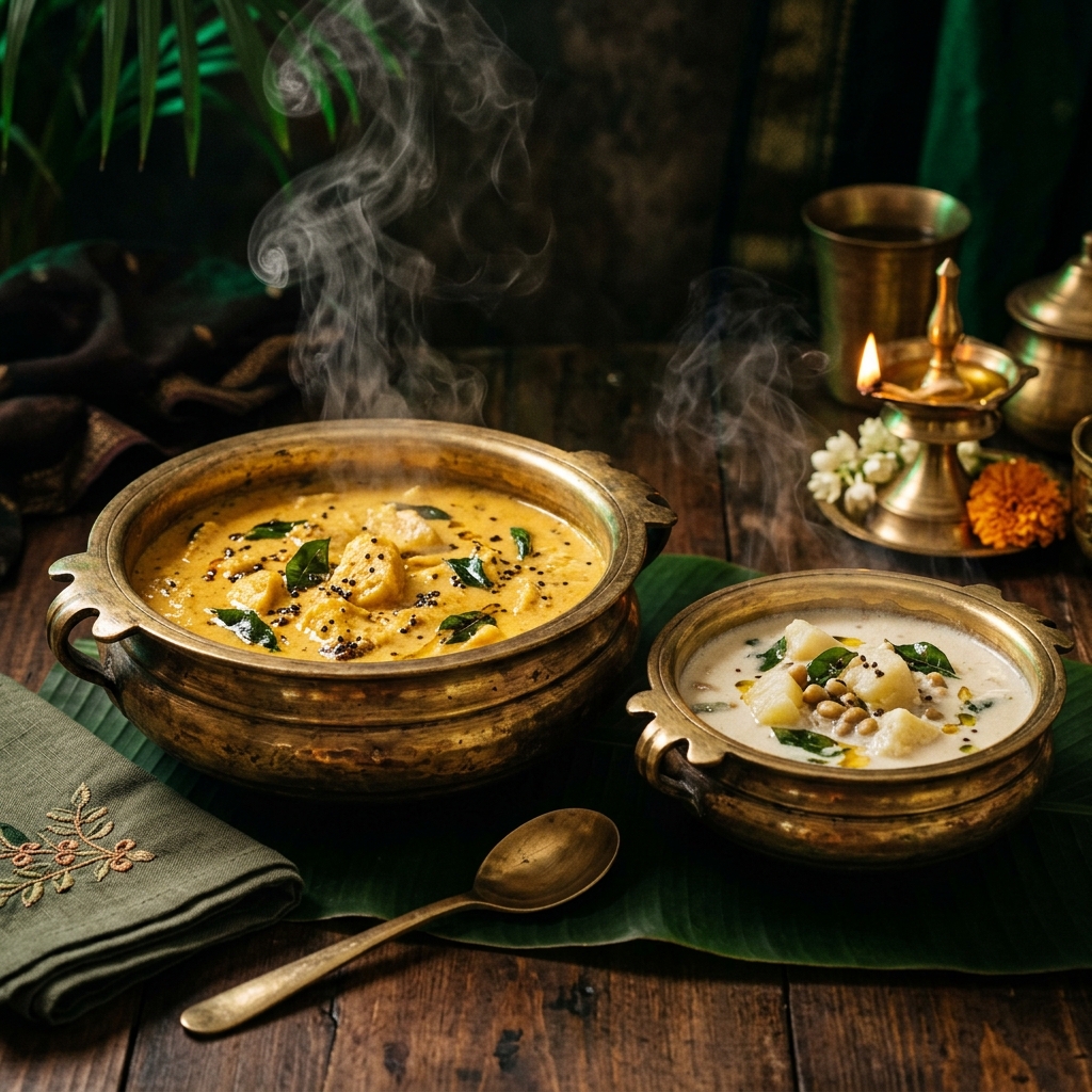 Authentic Kerala Kalan and Olan curries served in heirloom brass Uruli vessels - Lakshmi Caterers Palakkad