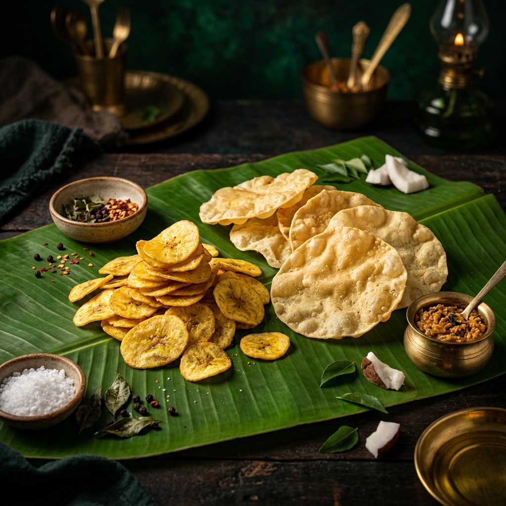 Lakshmi Caterers signature Crisp Upperi banana chips and hand-rolled Pappadams - Premium Kerala catering service